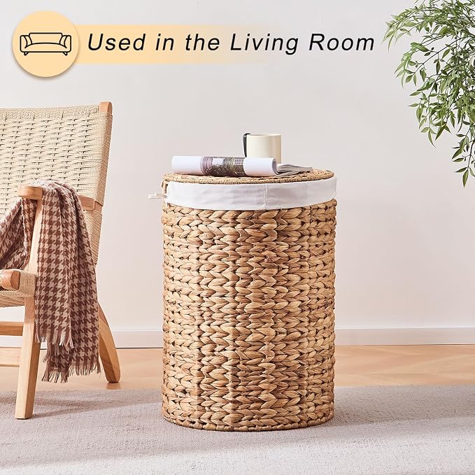 Round Water Hyacinth Laundry Hamper with Lid Handwoven Wicker Basket with Handles for Dirty Clothes, Storage, and Organization Ideal for Bedroom, Bathroom, and Laundry Room, No Assembly Required, 2Pcs - Image 6
