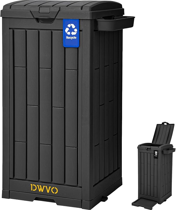 DWVO 38 Gallon Outdoor Trash Can, Resin Garbage Bin with Lid, Includes 2 Sorting Labels, Ash Holder, Stakes & Suction Cups, Hideaway Storage for Patio Backyard Garden, Black by DWVO