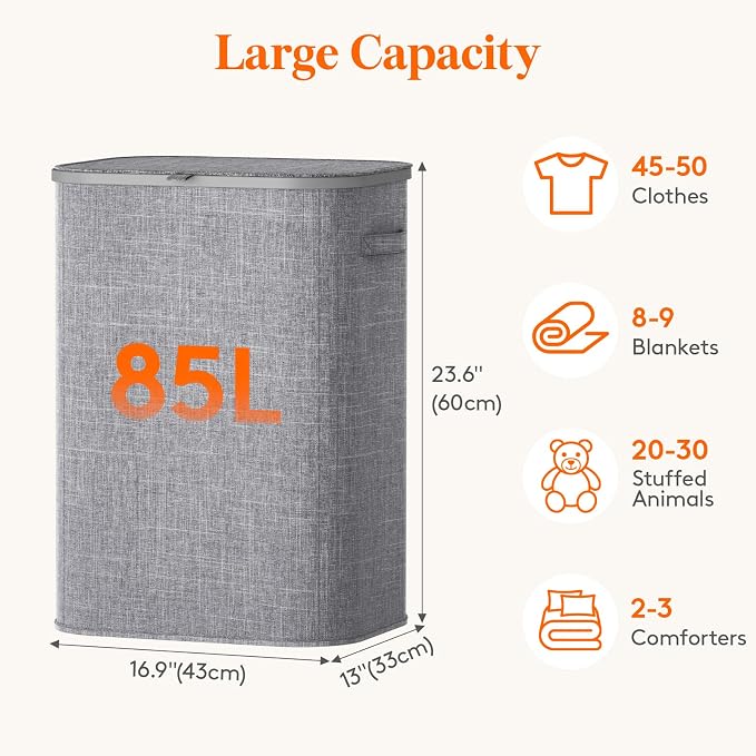 Lifewit 85L Large Laundry Basket with Lid, Laundry Hamper with Plastic Handles and Removable Bag, Foldable Tall Dirty Clothes Hampers for Laundry for Laundry Room, Bedroom, Bathroom, Dorm, Light Gray - Image 3