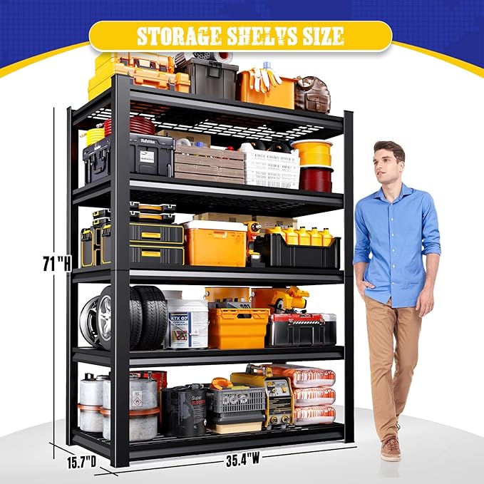 Set of 2 Garage Shelving Heavy Duty 5-Tier Storage Shelves, Adjustable Metal Shelving Unit, Utility Garage Organizer Shelf for Basement, Pantry, Kitchen, Warehouse,15.7" Dx35.4 Wx71 H, Black - Image 3