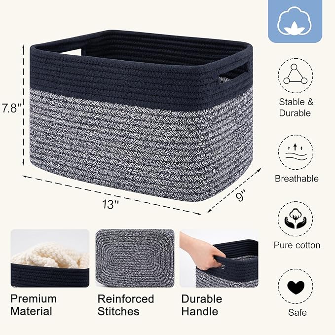 4 Pack Storage Baskets for Organizing, Woven Baskets for Shelves - Perfect for Toys, Books, Towels, and Clothes, Durable Gift Basket Bins Toy Storage, 12.7''L x9''W x7.8''H, Blue and Grey - Image 2