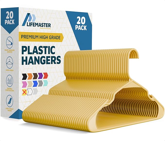 Lifemaster Plastic Clothes Hangers – Heavy Duty Hanger Set, for Organizing Clothes, Dresses, and Coat, Holds Up to 5 lbs, Space-Saving Hangers with Non-Slip Shoulder Grooves, Pack of 20, Yellow by LIFEMASTER
