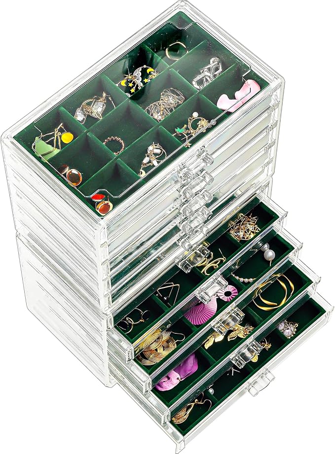 ProCase Earring Holder Organizer Jewelry Box with 10 Drawers, Acrylic Clear Earring Case with Adjustable Velvet Trays for Women - Emerald,10 Layers by ProCase
