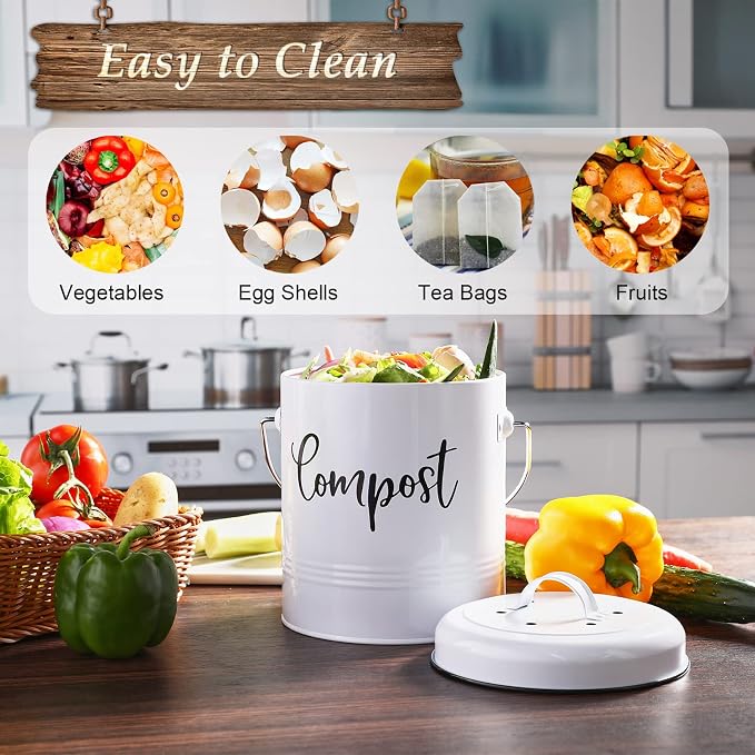 DAYYET Compost Bin Kitchen, 1.3 Gallon Farmhouse Kitchen Compost Bin Countertop, Indoor Countertop Compost Bucket with Lid and Charcoal Filters, White - Image 4