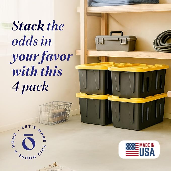 HOMZ 4-Pack Durabilt Tote, Heavy Duty Plastic Storage Bins with Lids, 27 Gallon, Black/Yellow - Stackable Organizing Containers for Home, Garage, and Shed - Image 4