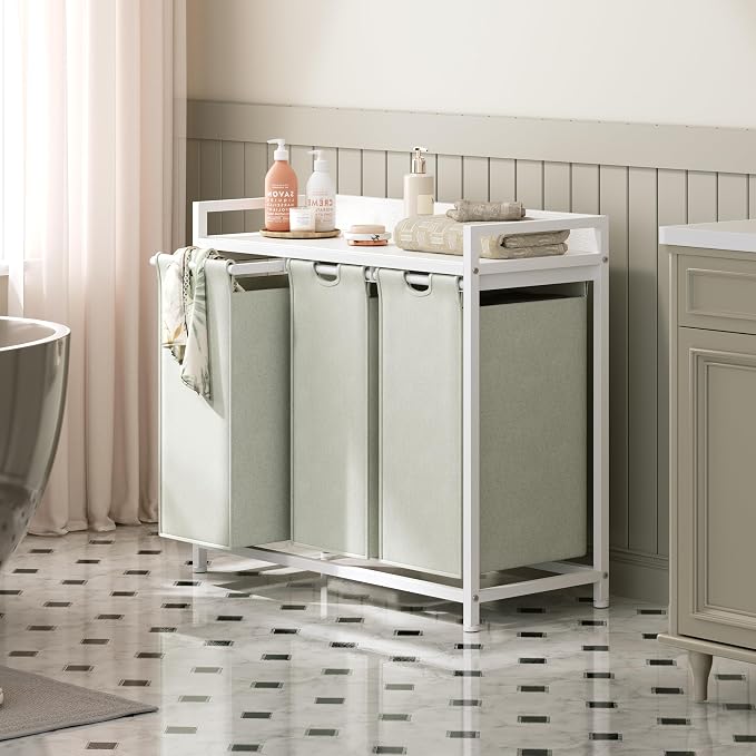 Herture Laundry Hamper with Shelf, Laundry Basket 3 Section, Laundry Sorter with Pull-Out Removable Large Bags and Movable Wheels, Metal Frame, 3 x 15.87 Gallons (60L), White PF04XLW - Image 6