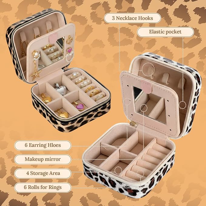 Nosiny 2 Pack Travel Jewelry Case with Mirror Small Laser Jewelry Box Organizer Gifts for Mother's Day Women Rings Earrings(Leopard Print) - Image 4
