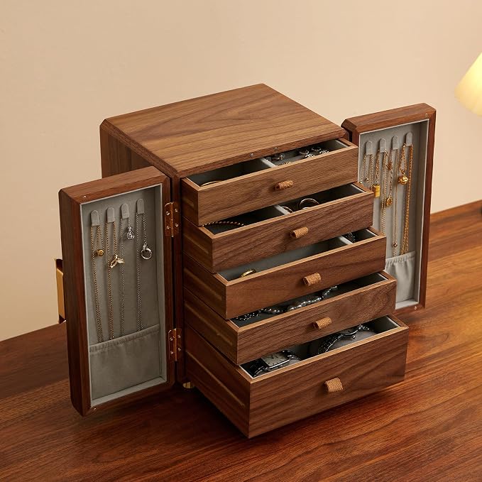 Black Walnut Wood Wooden Jewelry Box for Women, Large Velvet Lined Jewelry Organizer with 5 Drawers & Brass Feet, Earring Jewelry Box Organizer, Traditional Chinese Pattern Handles by THFLSTR