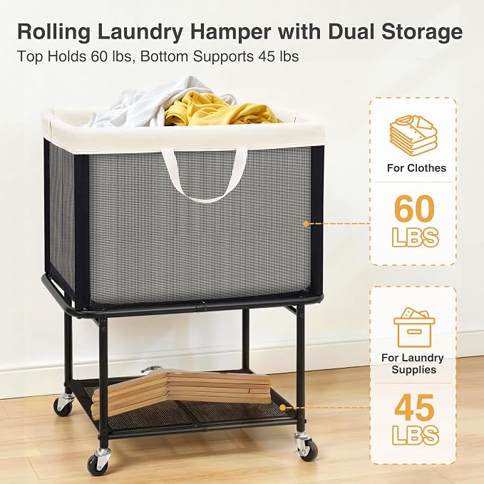 STO STO Rolling Laundry Hamper with Lockable Wheels, 29-Gallon (110L) Laundry Cart with Removable Canvas Bag, 2-Tier Clothes Basket Hamper with Shelf for Closet, Bedroom, Bathroom, Laundry Room - Image 7