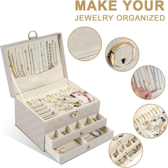 GUOER Jewelry Box for Women Girl Wife - Large PU Leather Jewelry Organizer Storage Case with 3 Layers Display for Earrings Bracelets Rings Watches (Light Khaki) - Image 2