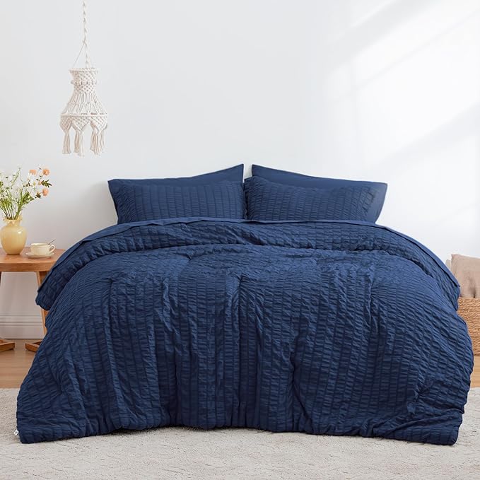 Love's cabin Seersucker Dark Blue King Size Comforter Set, 7-Piece All Season Lightweight Bed in a Bag Bedding Set with Comforter, Flat Sheet, Fitted Sheet, Pillowcases and Shams | Soft, Breathable, Lightweight
