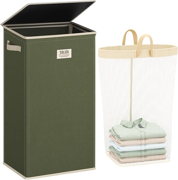 SOLEDI Laundry Hamper with Lid 100L Large & Tall Collapsible Laundry Basket, Clothes Hamper with Bag Removable Easy to Carry, Dirty Hampers for Bedroom, Bathroom, Dorm, College, Avocado by SOLEDI