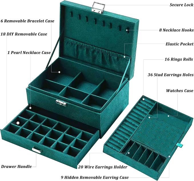 QBestry Jewelry Box for Women with Drawer, 3-Layer Large Jewelry Organizer with Lock & Key, 8 Necklace Hooks & 56 Earring Holes, Green Velvet Jewelry Storage Box for Necklaces Earrings Rings Bracelets - Image 7