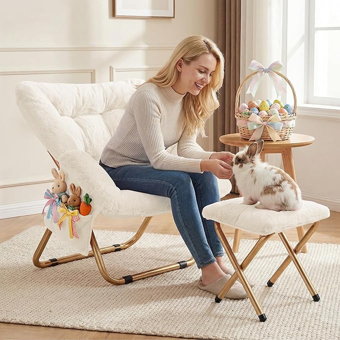 Kasunpul Comfy Saucer Chair, Foldable Living Room Chairs, Soft Faux Fur Lounge Chair for Bedroom, Reading Chairs for Adults, Teens, X-Large (White)
