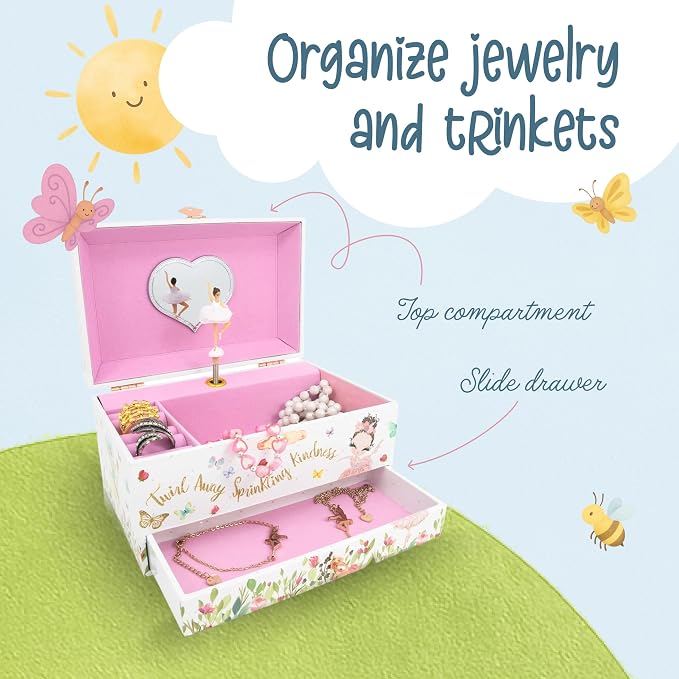 The Memory Building Co Ballerina Musical Jewelry Box Plays Classic Melody, Storage Organizer Music Box for Kids Ages 6-12, MDF Wood w/ 2 Fabric Lined Ring Bracelet Necklace Treasure Compartments - Image 2