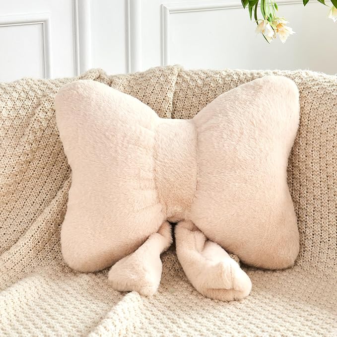 XVTRU Beige Bow Pillow, Soft Bow Decorative Pillows with Faux Rabbit Fur, Cute 16" Bow Throw Pillows, Aesthetic Home Decor Bow Shaped Plush Pillow for Bedroom Sofa Couch