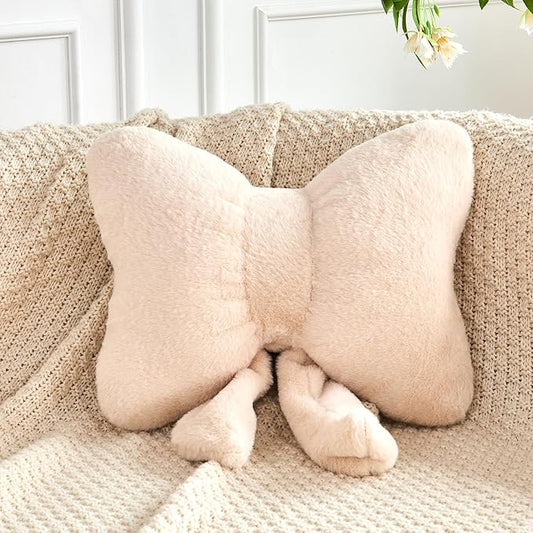 XVTRU Beige Bow Pillow, Soft Bow Decorative Pillows with Faux Rabbit Fur, Cute 16" Bow Throw Pillows, Aesthetic Home Decor Bow Shaped Plush Pillow for Bedroom Sofa Couch