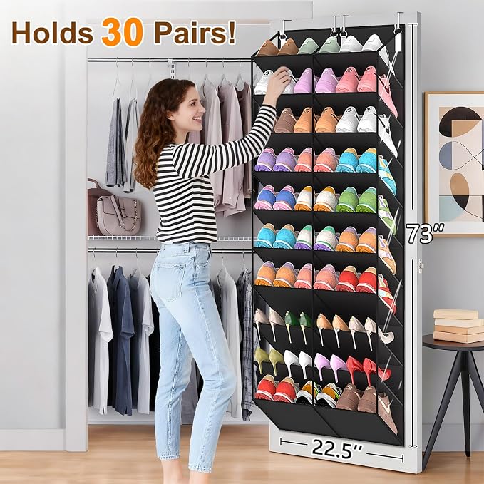 UVIAHOMI 20-30 Pairs Over the Door Shoe Organizer, Clear Pockets Hanging Shoe Storage for Closet, 10-Tier Door Shoes Rack, Handing Shoes Holder Fit All the Family's Sneakers, Boots, Heels, Black - Image 2