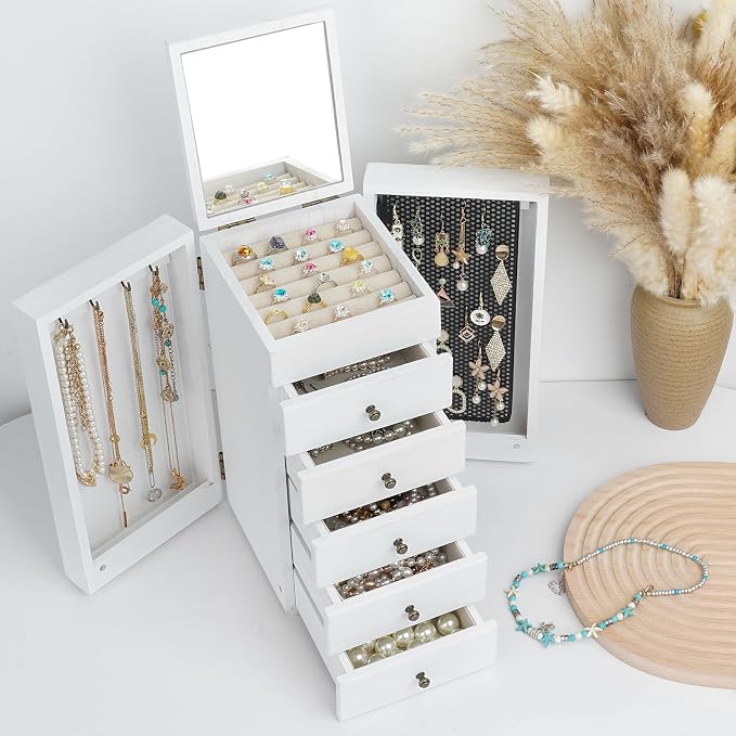 Meangood White Jewelry Box Wood for Women, 6-Layer Large Organizer Box with Mirror & 5 Drawers for Rings, Earrings, Necklaces, White - Image 2