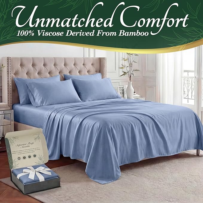 DECOLURE 100% Viscose Derived from Bamboo Sheets King Size - Luxury 6 Pc Naturally Cooling Sheets, Ultra Soft Bed Set - Deep 17" Pockets, Durable Double Stitching, Oeko Tex Standard (Light Blue)