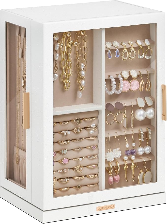 Glimmloop 360° Rotating Jewelry Box with 7 Drawers, Spacious Vertical Jewelry Organizer with Glass Window, Jewelry Storage Case, Dustproof & Moisture-resistant Design, White by Glimmloop