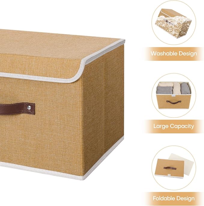 ANMINY Storage Bin with Lid Storage Boxes with PU Leather Handles PP Plastic Board Decorative Foldable Lidded Cotton Linen Fabric Home Cubes Baskets Closet Organizer Container - Khaki, Large Size - Image 4