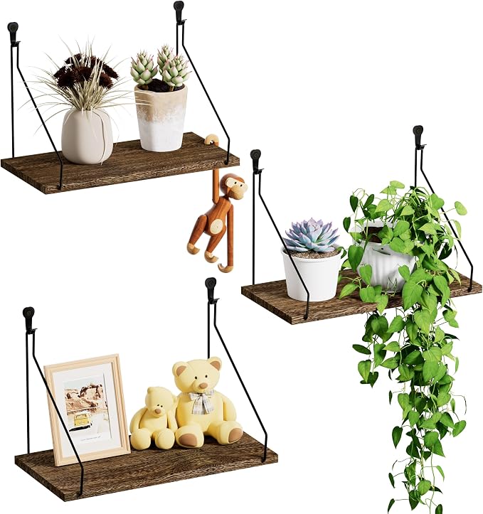 QsQueen Elevate Your Space with Rustic Wood Floating Shelves Set of 3- Perfect for Bedroom, Living Room, Bathroom, and Kitchen Decor - Easy Installation, No Drilling Needed! Brown by QsQueen