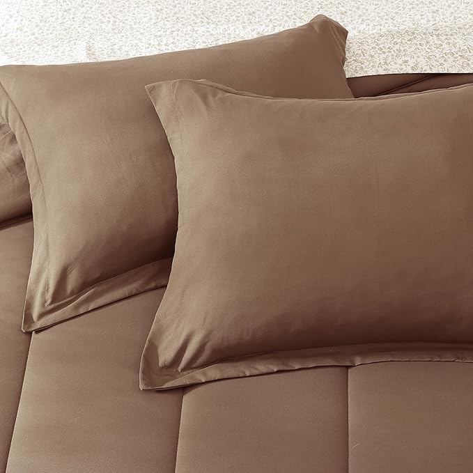 Monbix Queen Comforter Set - 7 Pieces Brown Bed in a Bag Queen Track Stitching Bedding Sets, All Seasons Comforter Bed Set with Sheets,Pillowcases & Shams