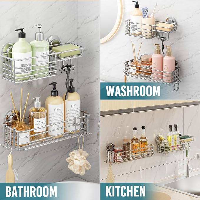 TAILI Shower Caddy Suction Cup 2 Pack with Hooks and Soap Holder, Heavy Duty Shower Organizer for Bathroom, No Drilling Silver Bathroom Suction Shelves-Silver - Image 5