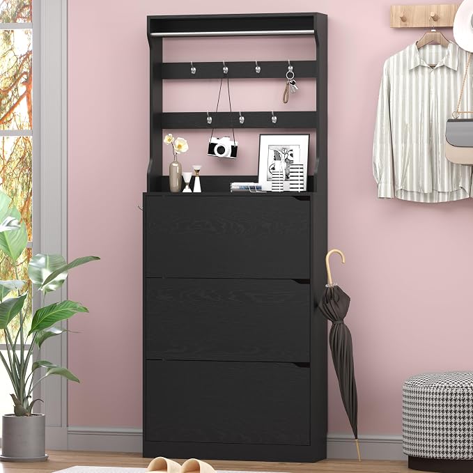 BORNOON Shoe Cabinet with 3 Flip Drawers & Coat Rack, Narrow Hidden Shoe Storage Cabinet, 2-in-1 Hall Tree Slim Freestanding Shoe Rack Organizer for Entryway, Hallway, and Living Room - Image 3