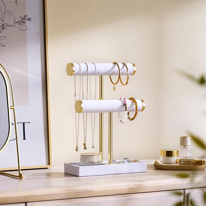 bussdis 2 Tier Bracelet Holder Display - Detachable T Bar White Velvet Bracelet Holder, Jewelry Holder Organizer for Bracelet, Necklace, Earrings, Rings - Image 3