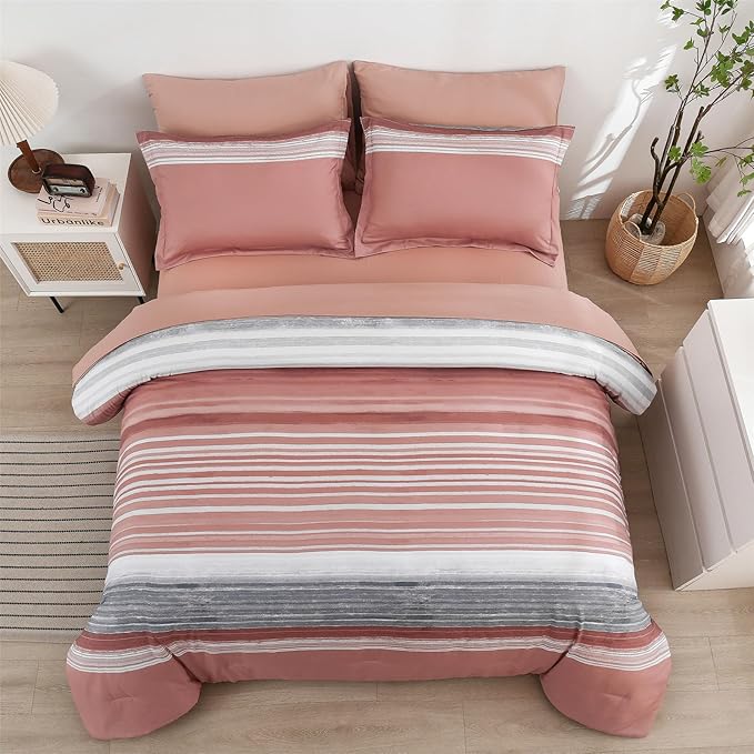 KAKIJUMN 7 Piece Bed in a Bag Stripe Comforter Set King Size, White Grey Blush Pink Patchwork Striped Comforter and Sheet Set, All Season Soft Microfiber Complete Bedding Sets(Pink,King)