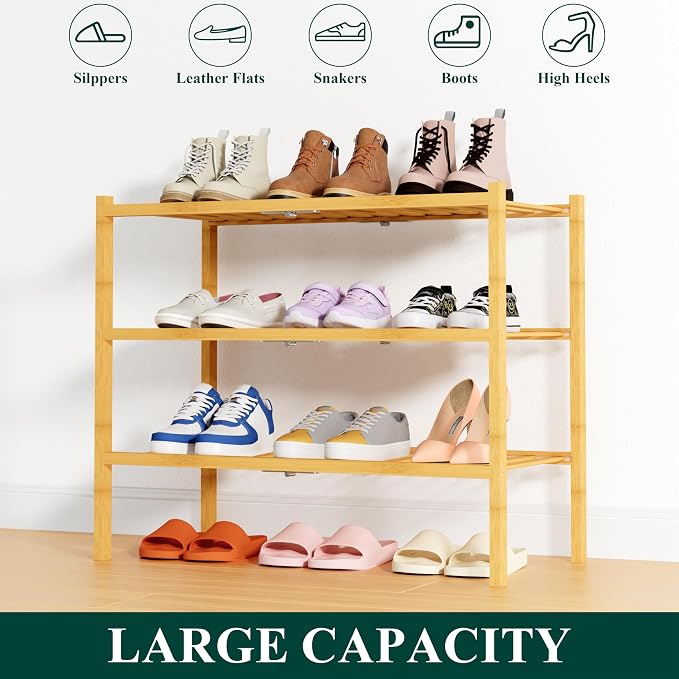 Smiry Shoe Rack, 3 Tier Thick Bamboo Shoe Organizer, Stackable Free Standing Wooden Shoe Storage Shelf for Closet, Entryway, Front Door Entrance, Natural - Image 6