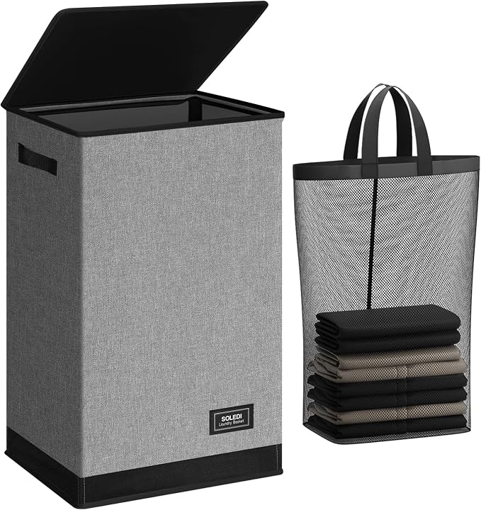 SOLEDI Laundry Hamper with Lid 90L Large & Tall Collapsible Laundry Basket, Clothes Hamper with Bag Removable Easy to Carry, Dirty Hampers for Bedroom, Bathroom, Dorm, College, Grey by SOLEDI
