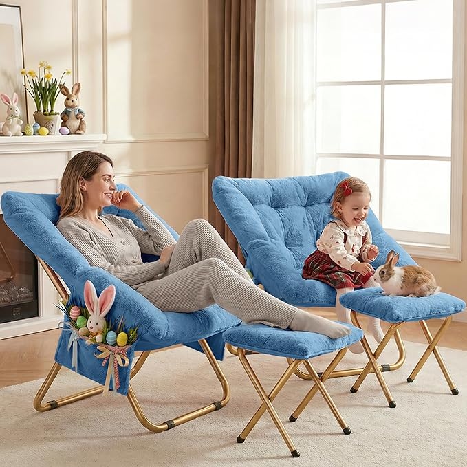 Kasunpul Comfy Saucer Chair, Foldable Living Room Chairs, Soft Faux Fur Lounge Chair for Bedroom, Reading Chairs for Adults, Teens, X-Large (Blue)