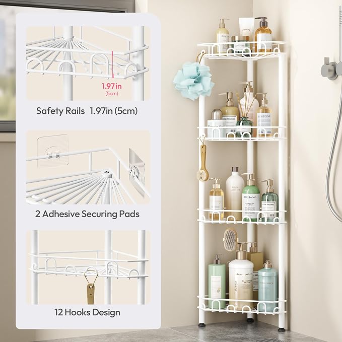 SWTYMIKI Standing Shower Caddy Corner - 4‑Tier Stainless Steel Shower Organizer Shelf with 16 Hooks and Adhesive Pads, Rustproof Corner Shelves Stand Rack for Bathroom Shower Room, white - Image 4