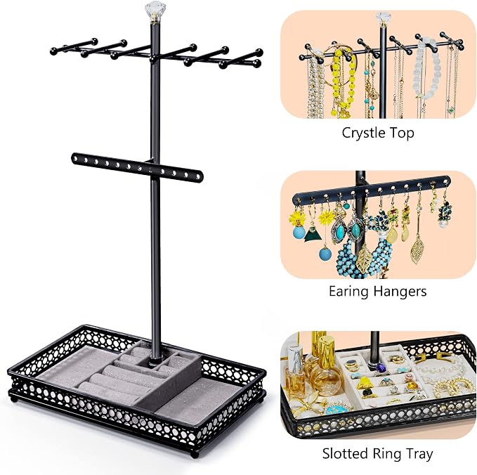 Meangood Jewelry Organizer Stand, 15.6" H Jewelry Tree Display Holder Stand for Bracelets Necklaces Earrings Rings, Gift for Women Girls (Black) - Image 5