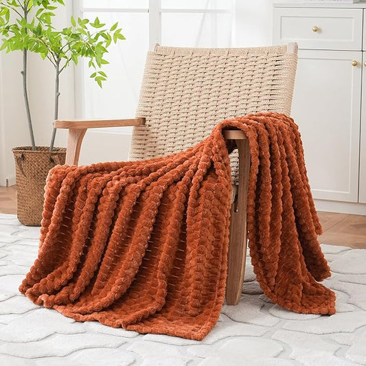 Burnt Orange Throw Blanket 50"×70" inches Gifts for Mom Fuzzy 3D Jacquard Decorative Flannel Fleece Super Soft Plush Cozy Blanket for Couch Sofa Chair Lightweight