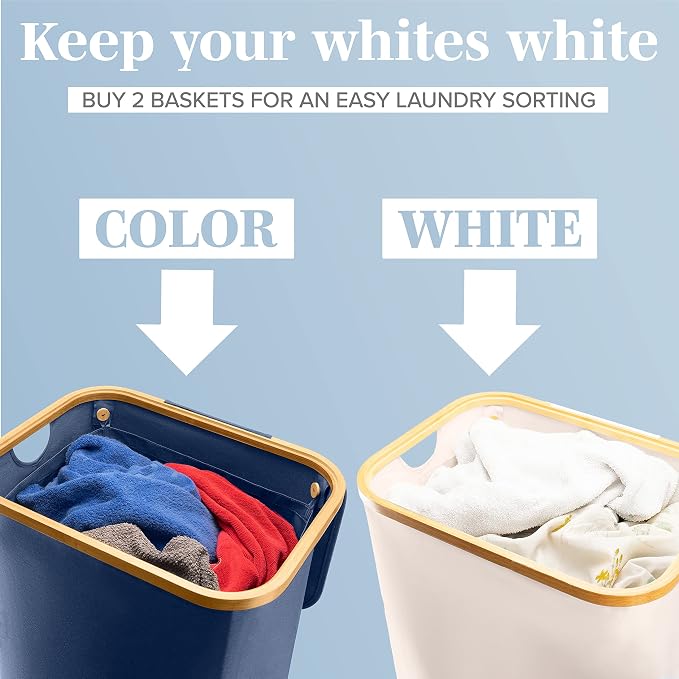 LONBET Laundry Basket with Lid, Made from Breathable Fabric | Aesthetic Clothes Hampers for Laundry with Side Handles & Sturdy Bamboo Frame (26 Gallons - Single, Blue) - Image 5