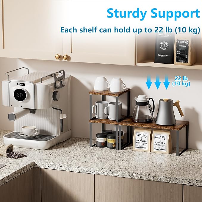 Golener Countertop Organizer Corner Shelf, 2 Tier Adjustable Stackable Corner Shelves for Kitchen, Bathroom, Spice Rack, Coffee Area, Cabinet, Dresser Table, Corner Counter Shelf Stand, Rustic Brown - Image 4
