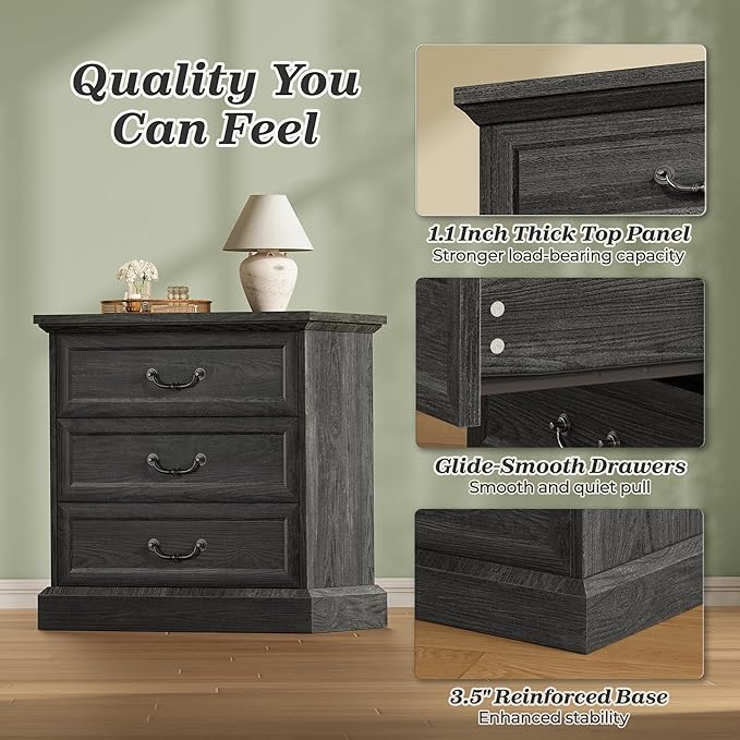 Huuger Nightstand with Charging Station, 3 Drawer Night Stand, 22 Inch Wider Side Table with Storage, Farmhouse Nightstand with Vintage Handles, Thicken Base, for Bedroom, Black