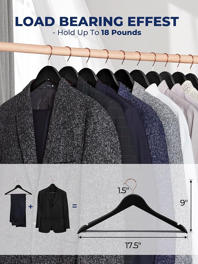 Smartor Wooden Hangers 20 Pack, Solid Wood Coat Hanger for Closet, Heavy Duty Wood Hangers for Suits, Shirts, Dresses, with 360° Rose Gold Hook, Non Slip Pant Bar, Black - Image 4