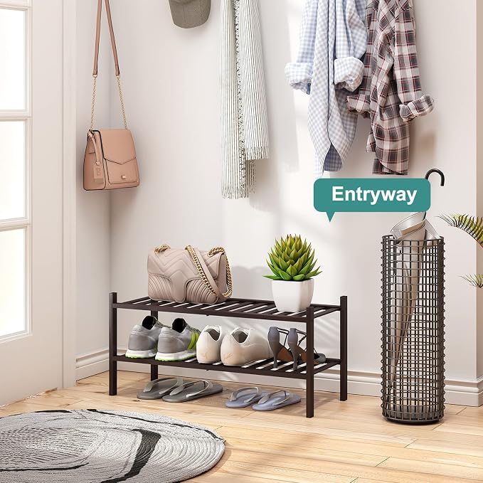 viewcare 2-Tier Shoe Rack for Entryway, Bamboo Shoe Rack for Closet, Free Standing Shoe Racks for Indoor Outdoor, Stackable Shoe Shelf Storage Organizer for Hallway Closet - Image 2