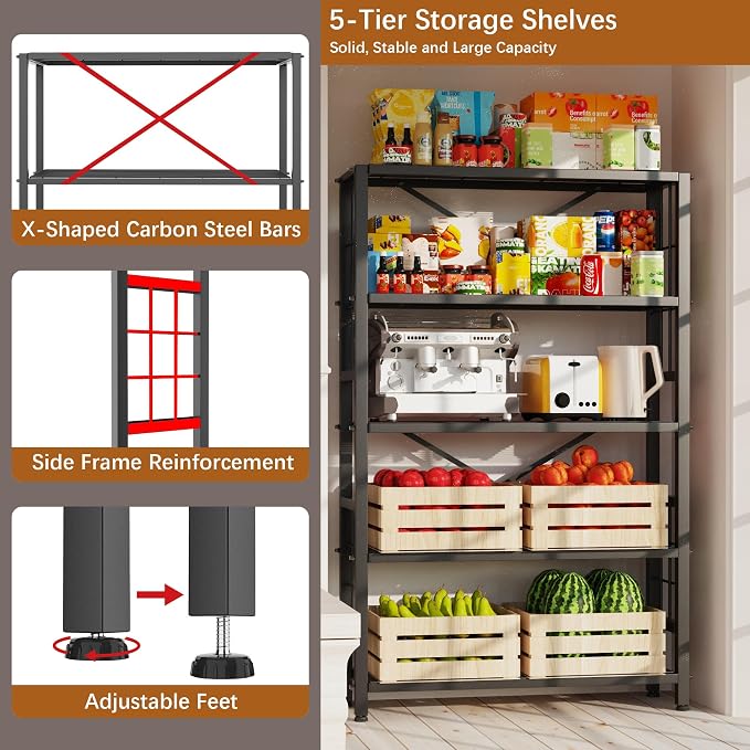 GIOTORENT 5-Wire Heavy-Duty Shelf, Standing Storage Shelves, Metal Shelving Unit Pantry Rack, 1500LB Load Capacity, for Garage Kitchen Organizer (Black) - Image 6