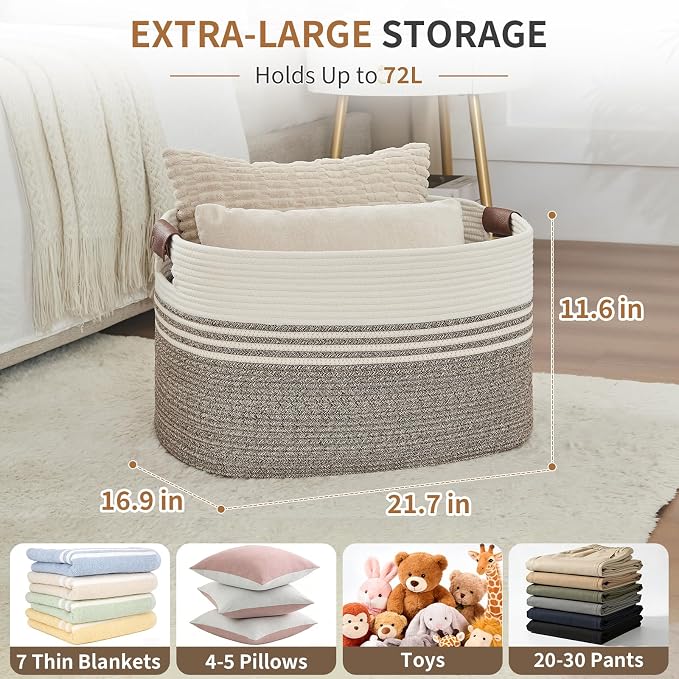 Large Woven Laundry Basket Hamper, 72L Cotton Rope Storage Bin for Blankets, Toys, Clothes, Decorative Nursery Hamper for Living Room, Baby Nursery, Bathroom, Bedroom, Kids Storage, Brown - Image 2