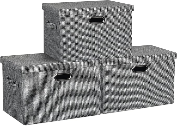 Graciadeco Large 17" 36 Quart Collapsible Stackable Storage Bins with Lids, 3 Packs Black and White Mix Linen Fabric Closet Boxes with Lids, Storage Cube Baskets Container Organizers (17x12x11) by GraciadecoStorage