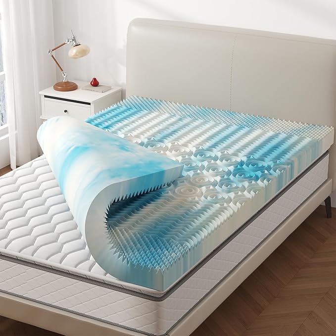 OLIXIS 2 Inch King Cooling Gel Memory Foam Mattress Topper, 5-Zone Pressure Relief Design, Soft Bed Pad for Back & Hip Pain, Dorm RV Camping, Blue