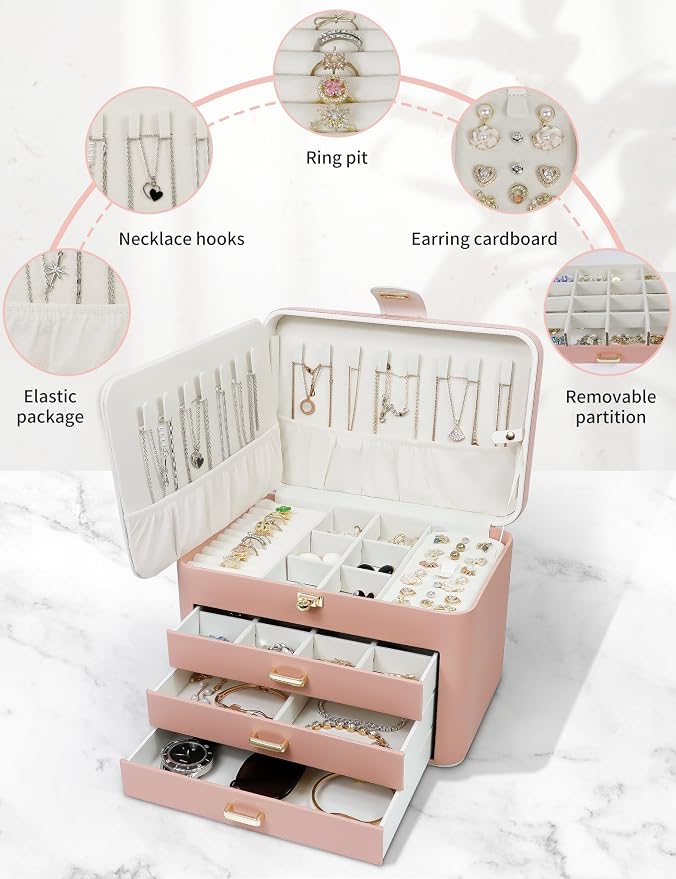 KAMIER Jewelry Organizer Box for Women - 4 Layer Drawer Jewellery Storage with Lock and Mirror - Jewelry Case for Necklaces Rings Bracelets Earring Holder Organizers (Pink) - Image 5