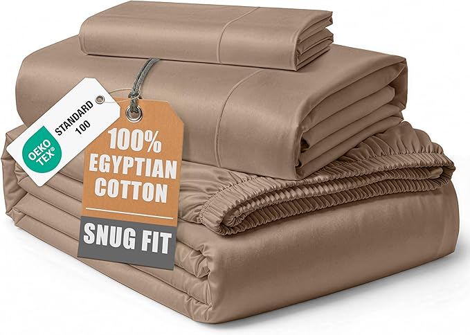 LANE LINEN Luxury 100% Egyptian Cotton Extra Long Twin Sheets for Hospital Bed, Eo Friendly Oeko-Tex Certified No Pill Fade Resistant Machine Washable Cotton Bed Sheet -Taupe