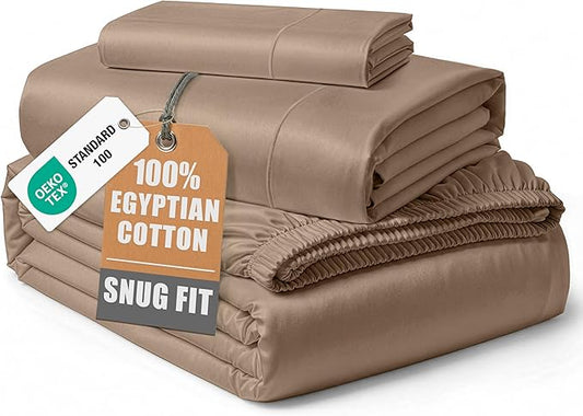 LANE LINEN Luxury 100% Egyptian Cotton Extra Long Twin Sheets for Hospital Bed, Eo Friendly Oeko-Tex Certified No Pill Fade Resistant Machine Washable Cotton Bed Sheet -Taupe
